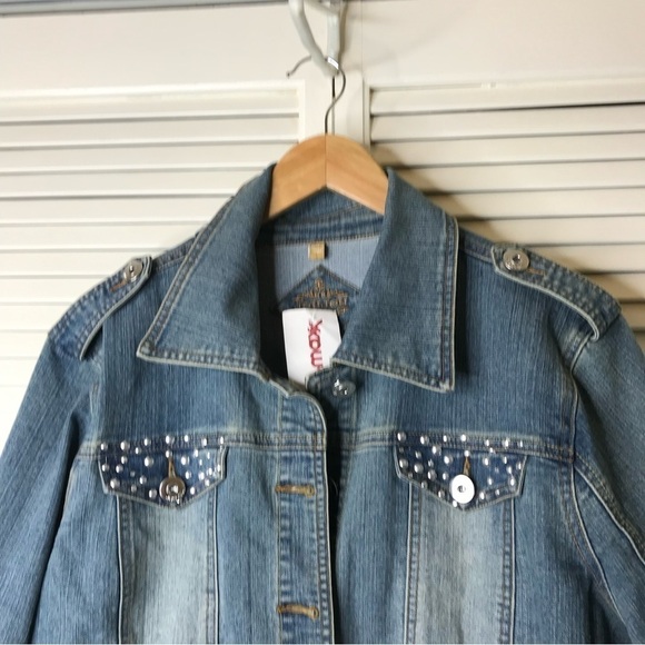 JouJou Jr Plus 2X Womens Denim Studded‎ Distressed Jacket Cropped Pockets Blue - Picture 3 of 16